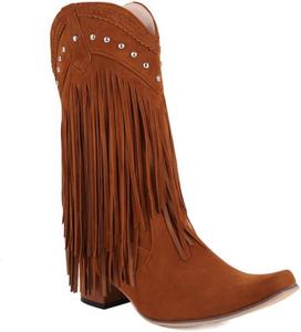 Женские ковбойские сапоги VULTRO до середины голени с кисточками и заклепанным квадратным носком, с ретро-блоковым каблуком, ботильоны, Brown