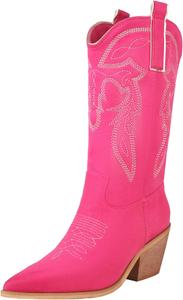 Женские ковбойские сапоги Reitoye с вышивкой, вестерн, до колена, с массивным каблуком и утяжками, Rose Red - Calf High