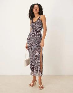 Двухслойное платье-комбинация миди ASOS DESIGN с круглым вырезом шоколадного и бледно-голубого цветов с принтом зебры