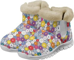 Женские зимние ботинки с меховой подкладкой, утепленные ботильоны с цветочным принтом, нескользящие, удобные, теплые, на плоской подошве Qoiuvncy, 02Daisy Flowers