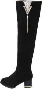 Женские ботфорты выше колена однотонные замшевые с жемчужными и стразовыми украшениями, толстый массивный каблук, высокие ботинки для верховой езды Generic, Black
