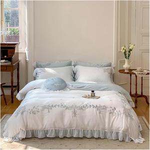 Generic Комплект постельного белья французский принцессский с цветочной вышивкой, кружевом и рюшами White