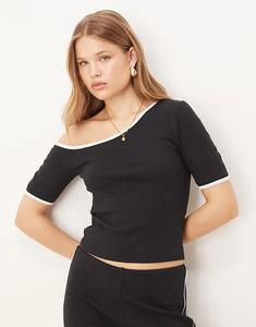 Топ ASOS DESIGN на одно плечо в рубчик с контрастной окантовкой черного цвета