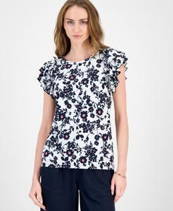 Женская блузка с цветочным принтом и оборками, с короткими рукавами Tommy Hilfiger, Ivory Multi