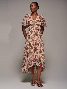 Платье миди из шифона с рукавами-крылышками и плиссировкой в цветочном стиле Jolie Moi, Cream Floral