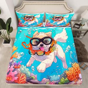 Erosebridal Детский комплект постельного белья Under Water Dog с морской тематикой и мультяшными животными, Blue Green
