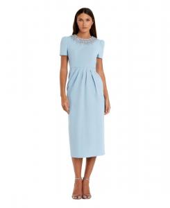 Женское платье-футляр с короткими рукавами и вырезом, украшенным стразами Mac Duggal, French blue