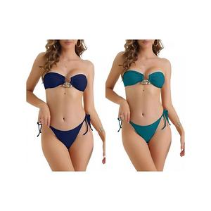 2 комплекта женского металлического колье бандо бикини, 2 предмета с завязками по бокам и высоким вырезом Inspire Chic, Teal Dark Blue