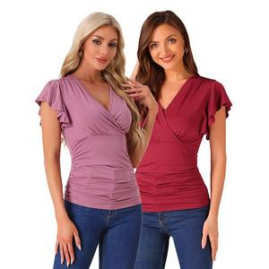 2 упаковки блузки с запахом для женщин летние с v-образным вырезом и рукавами-рюшами Inspire Chic, Purple Dark Red