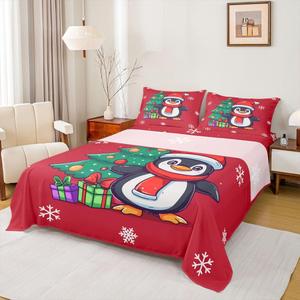 Erosebridal Комплект постельного белья с новогодним принтом пингвинов в санта-шапочках и снежинками, Multi 07