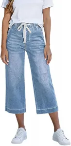 Женские капри джинсы с эластичным поясом и широкими штанинами