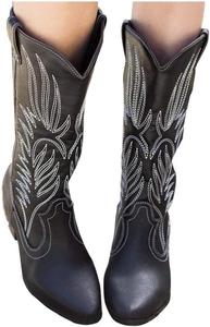 Женские сапоги ZBYY на щиколотку для широкой икры, с толстым каблуком, круглым носком, на молнии, винтажные вышитые ковбойские сапоги для вечеринок в западном стиле, Black 10