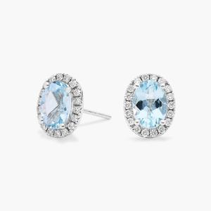 Серьги-гвоздики с овальным аквамарином и бриллиантовым ореолом из 14-каратного белого золота (5x7 мм) Blue Nile