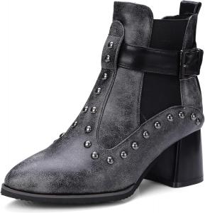 Женские ботильоны с блок-каблуком, заостренным носком и пряжкой в стиле панк Renessmi, Black 1