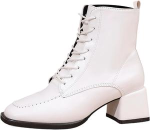 Женские кожаные ботильоны на шнуровке с молнией, боевые ботинки с квадратным носком, каблуком-блоком, ботильоны для прогулок на открытом воздухе и походов Generic, White