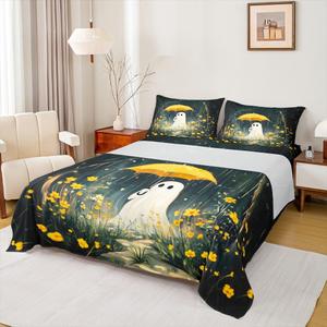 Erosebridal Комплект постельного белья Happy Halloween с милым мультяшным принтом привидений и тропическими растениями, Yellow White Black