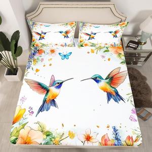 Erosebridal Детский комплект постельного белья Hummingbird с цветочным принтом и изображением птиц, Yellow Blue White