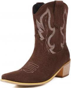 Ботинки DINTAHA из искусственной замши в стиле ковбойские с квадратным носком, вышитыми узорами, западным стилем, с массивным каблуком и длиной до щиколотки, Brown