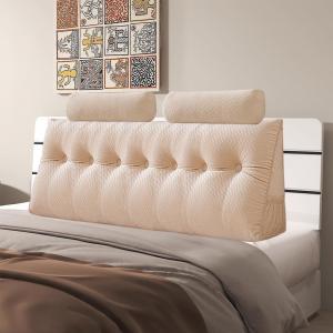 Бархатная треугольная подушка-клин для изголовья с валиком, съемным чехлом, подушка для изголовья, диван-кровать, двухъярусная кровать, подушка для поддержки спины, отдыха, чтения и расслабления (бежевая, размер King (76 * 20 * 8 дюймов)) SukrHdoe, Beige