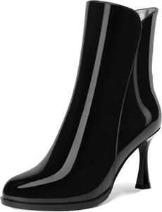 Женские ботильоны на высоком каблуке 3,3 дюйма с круглым носком, молнией и лакированной кожей, свадебное платье DEMOSHINE, Black