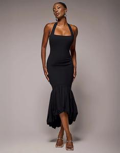 Платье Goddiva мидакси с бретелью через шею и подолом-фонариком, черное