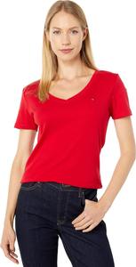 Женские топы с коротким рукавом Tommy Hilfiger - хлопковые рубашки для женщин с V-образным вырезом и логотипом, Scarlet