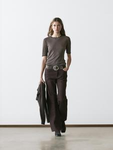 Футболка из смесовой шерсти с контрастной деталью Massimo Dutti, medium ecru