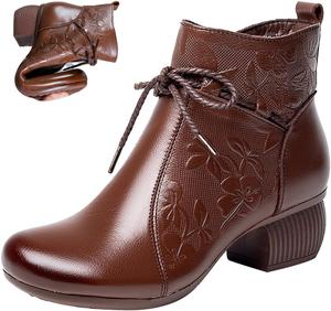 Женские кожаные ботильоны на молнии, осенне-зимняя мода, цветочный принт, низкий устойчивый каблук, повседневные деловые короткие ботинки BlackeEight, Brown