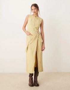 Платье миди из твила с разрезом по подолу и пряжкой цвета «каменный кислотный» ASOS DESIGN