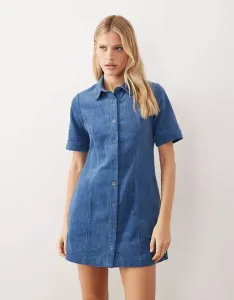 Синее платье мини с короткими рукавами из потертого вельвета