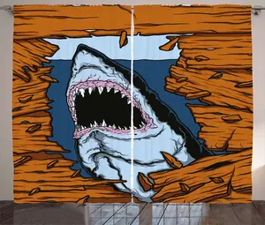 Штора ABAKUHAUS "Акула" в деревенском стиле, деревянная планка с изображением дикой рыбы, штора для спальни со сборками, петлями и крючками, 280 x 175 см, темно-синий, имбирный Abakuhaus