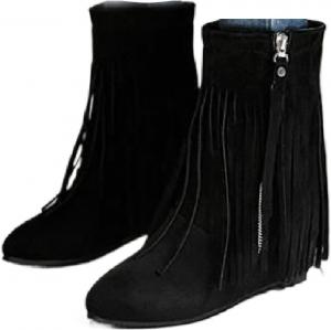 BHDJK Женские замшевые ботинки с кисточками, утепленные, на плоской подошве, с боковой молнией, модные с заостренным носком, низким каблуком, повседневные мокасины до середины икры