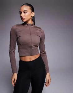 Укороченная трикотажная куртка Adidas Training на молнии темно-коричневого цвета