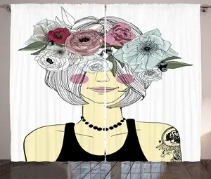 Штора ABAKUHAUS Fashion Rustic, Девушка с цветочным головным убором, универсальная ленточная штора для гостиной с петлями и крючками, 280 x 225 см, бледно-желтый многоцветный Abakuhaus