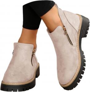 Женские ботильоны на низком каблуке, короткие ботинки на толстом каблуке для женщин, платформенные осенние прогулочные туфли 2025, удобные нескользящие уличные нарядные ботинки Generic, Beige