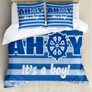 Пододеяльник ABAKUHAUS AHOI Being a Boy, для новорожденных, с защитой от клещей, подходит для аллергиков, с наволочками, 200 см x 200 см - 80 x 80 см, бледно-голубой, синий, белый