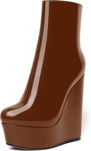 Женские ботильоны AMBELIGHT с молнией, лакированные, праздничные, на платформе и высокой танкетке, с круглым носком, 6 дюймов, Brown