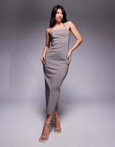 Платье-футляр миди ASOS DESIGN Bengaline с завязками на шее и карманами в темно-сером цвете