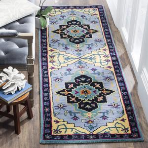 Ковер-дорожка SAFAVIEH, 69 x 214 см, Bellagio Collection, Light Blue & Multi, ручной работы из шерсти с медальоном, идеален для помещений с высокой проходимостью в гостиной, спальне (BLG506B)