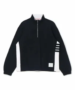 Пуловер с воротником-стойкой, застежкой-молнией до середины груди и четырьмя полосами, однотонный, классический трикотаж с петлевой спинкой.