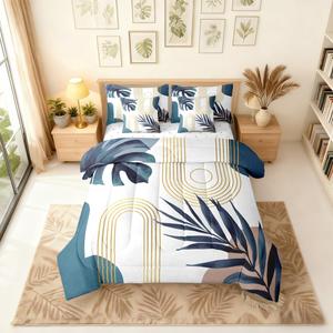 Erosebridal Богемный комплект постельного белья в темно-синем цвете с абстрактным растительным и геометрическим принтом в стиле модерн, Navy Blue Gold
