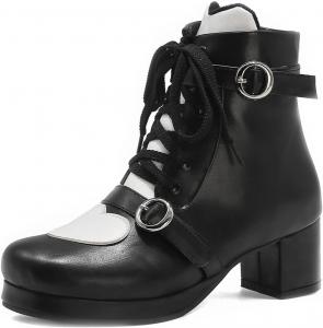 Женские ботильоны VOKLIN в стиле Лолита для косплея, с высокой шнуровкой, круглым носком и массивным каблуком средней высоты, короткие ботинки для платья, Black-Velvet Lined