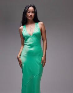 Длинное атласное платье с глубоким декольте зеленого цвета Topshop