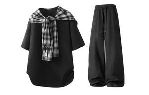 Повседневный спортивный свитер Unisex с круглой горловиной Moderate X1617, черный short-sleeved shirt+черный casual pants