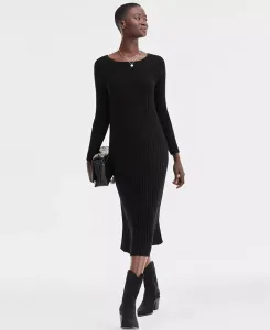 Платье-свитер Petite Cashmere с ребристым вырезом и вырезом-лодочкой Charter Club, черный