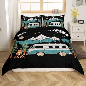 Erosebridal Комплект постельного белья Happy Camping в стиле ретро с принтом лесных гор и деревьев, Black Green White