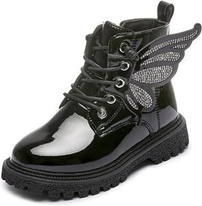 Детские модные кожаные ботильоны на шнуровке с бабочками по бокам и молнией, теплые короткие зимние водонепроницаемые ботинки для девочек до середины голени TangDao, Black