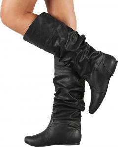 Женские винтажные высокие сапоги до колена, зимняя мода, с круглым носком, плиссированные, на плоской подошве, удобные уличные сапоги LZXBZAI, Black