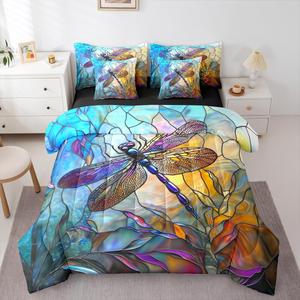 Erosebridal Комплект постельного белья Dragonfly King с геометрическим принтом и эффектом витража в синих тонах, Dragonfly Blue