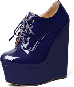 Женские ботильоны AUMOTED на танкетке, круглый носок, платформенные короткие ботинки, для свиданий, из лакированной кожи, с шнуровкой, на танкетке 15 см, на молнии, удобные, Navy